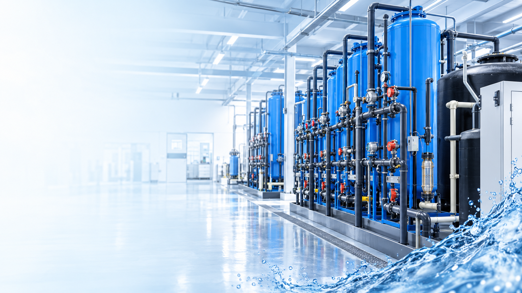 Industrial water treatment engineering system with pipes and machinery